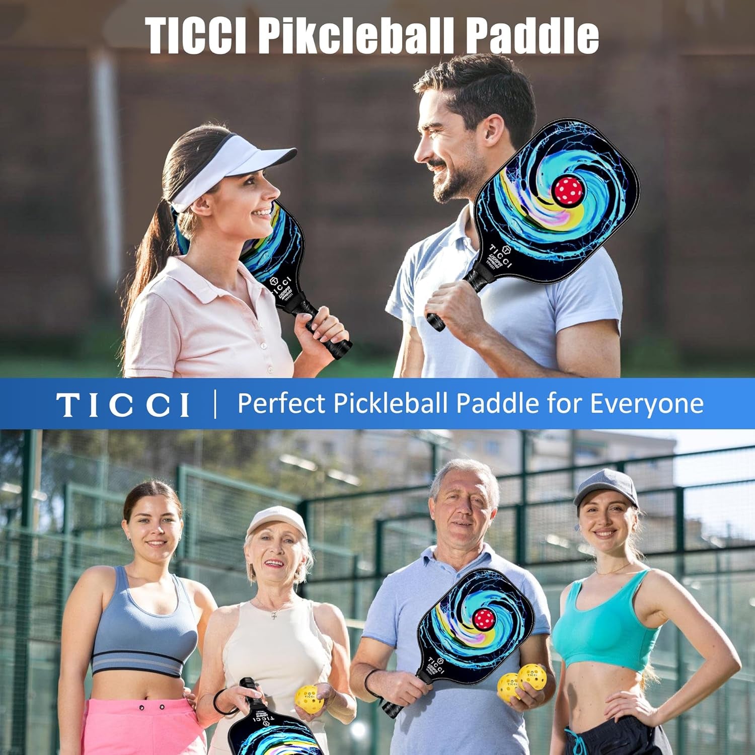 TICCI Pickleball Paddles, USAPA Approved Pickleball Paddles Set of 2, Lightweight Fiberglass Surface Pickleball Set, 4 Pickleballs, 1 Carry Bag & Mesh Bag, Pickle Ball Paddle Gifts for Men Women