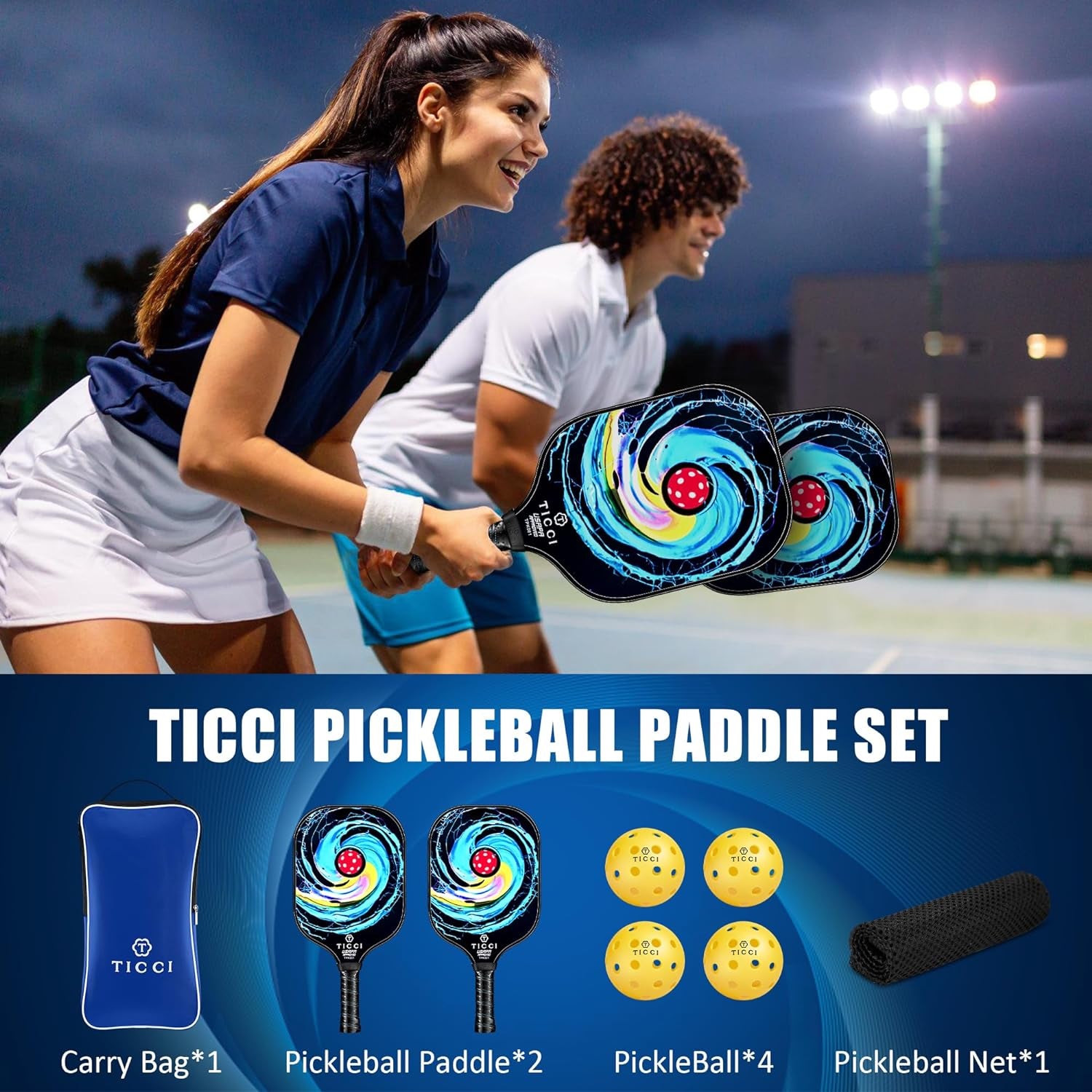 TICCI Pickleball Paddles, USAPA Approved Pickleball Paddles Set of 2, Lightweight Fiberglass Surface Pickleball Set, 4 Pickleballs, 1 Carry Bag & Mesh Bag, Pickle Ball Paddle Gifts for Men Women